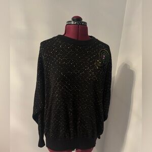 Vintage Black Metallic Thread Crewneck Sweater with Embroidered Detail
